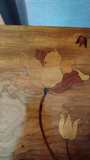 Table of living room with flaps in marquetry in the Gallé taste