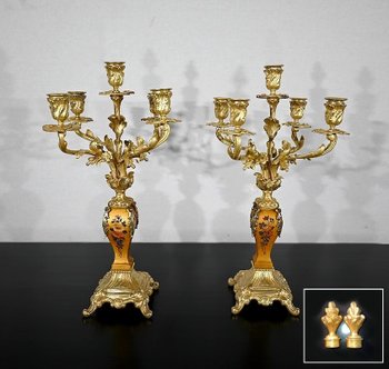 Important Gilded Bronze and Martin Varnish Mantel Set, Louis XV style - Mid 19th century