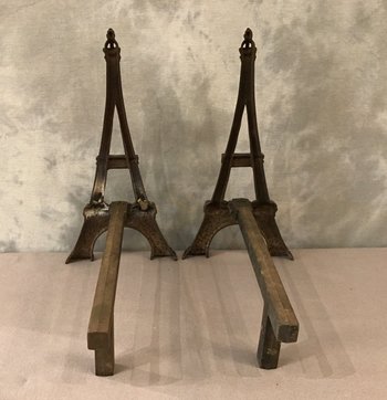 Old Andirons In Polished Cast Iron Representing The Eiffel Tower Around 1900