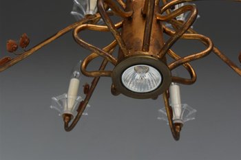 Lampadario Grande 16 Luci Stile 1940 Metallo Dorato E Pasta Vitrea