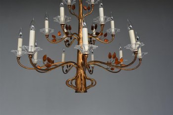 Lampadario Grande 16 Luci Stile 1940 Metallo Dorato E Pasta Vitrea