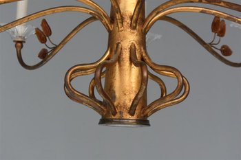 Lampadario Grande 16 Luci Stile 1940 Metallo Dorato E Pasta Vitrea