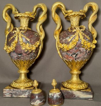 Pair Of Vases In Purple Marble And Gilt Bronze Louis XVI Style From The 19th Century