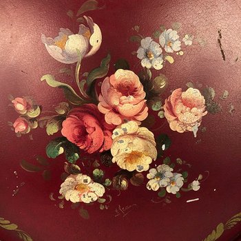 Large circular tray in painted sheet metal decorated with flowers signed, Napoleon III