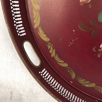 Large circular tray in painted sheet metal decorated with flowers signed, Napoleon III