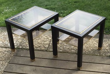 Pair of blackened wood and brass end tables circa 70