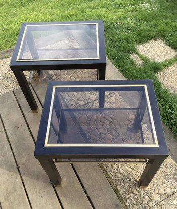 Pair of blackened wood and brass end tables circa 70