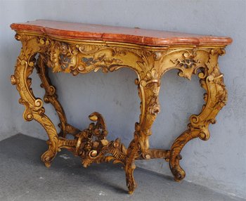 Louis XV Console In Golden Wood Marble Top