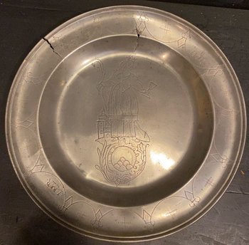 18th century pewter dish representing Saint Barbara