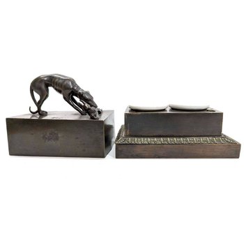 Bronze Restoration Inkwell With Rabbit Hunting Dog Decor