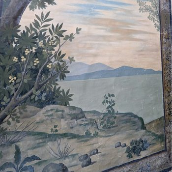 Large Painted Canvas Trompe l'oeil Late 19th Century Representing A Mediterranean Lake Landscape.