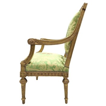 Armchair In Golden Wood XIX Louis XVI Style Reupholstered With A Fabric From Chez Rubelli