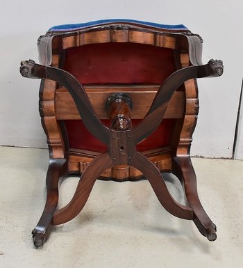 Sgabello in Velluto Blu e Palissandro, Altezza Regolabile, Stile Luigi XV, Epoca Napoleone III - XIX Secolo