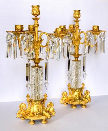 Pair of candelabra candlesticks in gilded bronze and crystal 19th