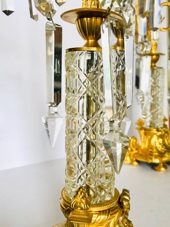 Pair of candelabra candlesticks in gilded bronze and crystal 19th