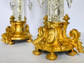 Pair of candelabra candlesticks in gilded bronze and crystal 19th