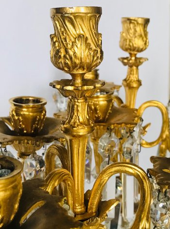 Pair of candelabra candlesticks in gilded bronze and crystal 19th