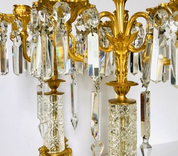 Pair of candelabra candlesticks in gilded bronze and crystal 19th