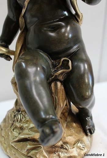 Pair of bronze candelabras "A Love and a Faun", after Clodion and Delarue - End of XIXth century