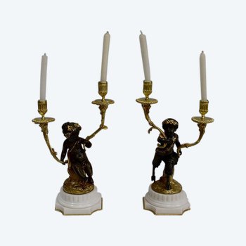 Pair of bronze candelabras "A Love and a Faun", after Clodion and Delarue - End of XIXth century