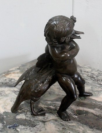 Bronze of a Cherub holding a Goose, by A. Collas – 19th century