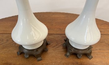 Pair of large 19th century white oil lamps