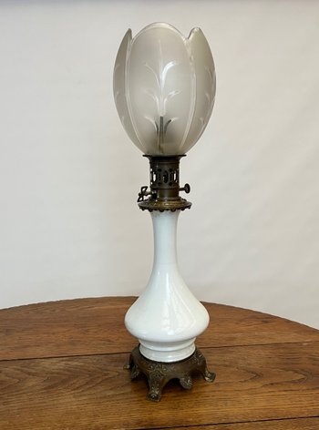 Pair of large 19th century white oil lamps