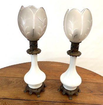 Pair of large 19th century white oil lamps