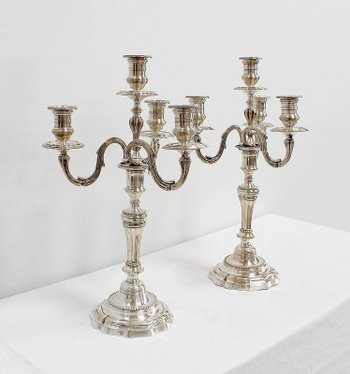 Pair of candelabras in silvered bronze, Louis XVI style - Late 19th century