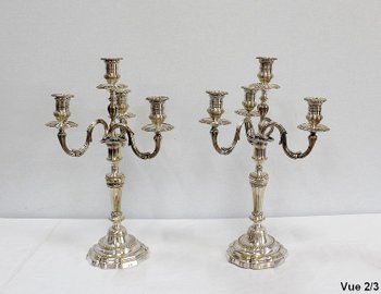 Pair of candelabras in silvered bronze, Louis XVI style - Late 19th century