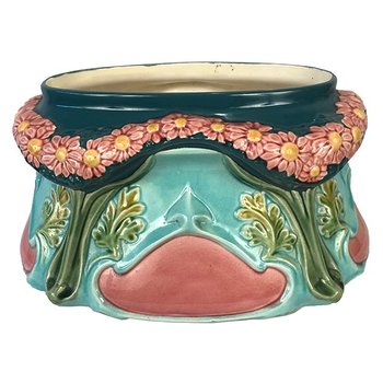 Planter in polychrome slip decorated with a garland of flowers