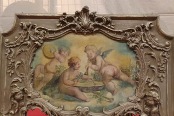 Trumeau XVIIIème, Louis XV, Chêne Sculpté aux Anges Ailés Et Toile Aux Chérubins 118 X 178 Cm