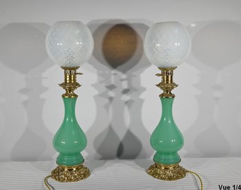 Pair of Opaline and Bronze Lamps - End of XIXth century