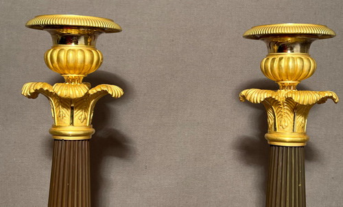 Pair Of Empire Candlesticks / Torches Early 19th Century In Patinated Bronze And Gilt Bronze