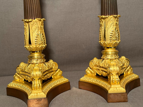 Pair Of Empire Candlesticks / Torches Early 19th Century In Patinated Bronze And Gilt Bronze