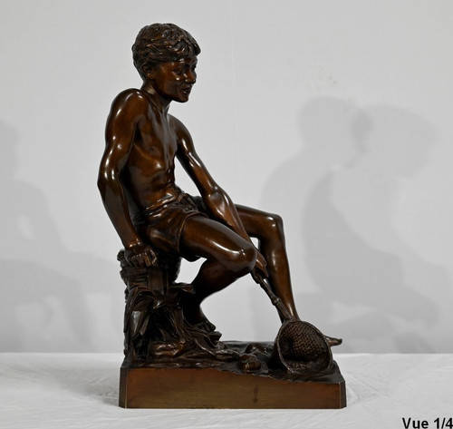 Bronzo "L'Enfant à l'Epuisette", firmato R.Guillaume - Inizio del XX secolo