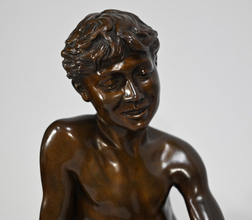 Bronzo "L'Enfant à l'Epuisette", firmato R.Guillaume - Inizio del XX secolo