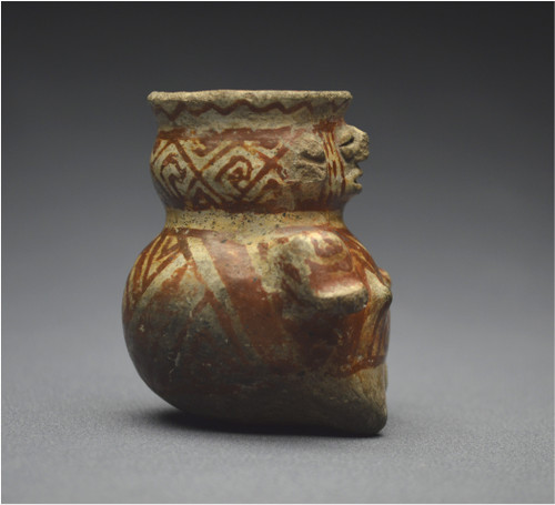 Mexico, 800 - 1500 A.D., Huastec culture, Small anthropomorphic potion vase, Ceramic with cream and coffee red slip