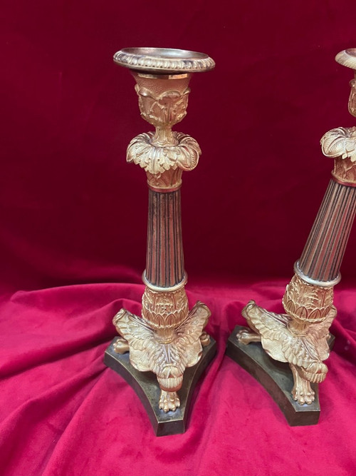 Pair Of Candlesticks Gilded Bronze Restoration Period XIX Eme