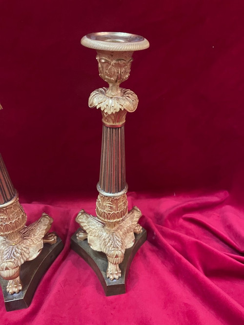 Pair Of Candlesticks Gilded Bronze Restoration Period XIX Eme