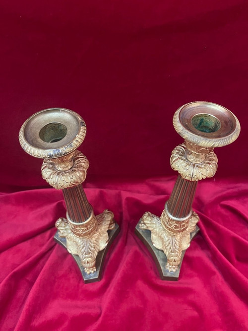 Pair Of Candlesticks Gilded Bronze Restoration Period XIX Eme