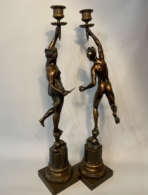 Pair of candlesticks in bronze. Mercury and fortune (Jean de Bologne)