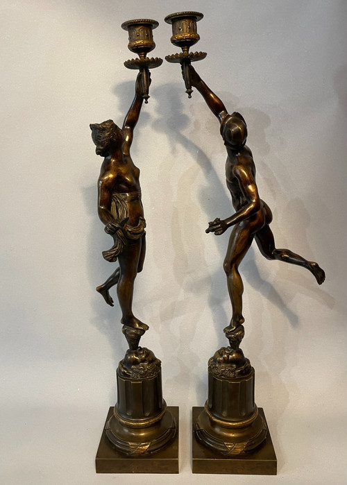 Pair of candlesticks in bronze. Mercury and fortune (Jean de Bologne)