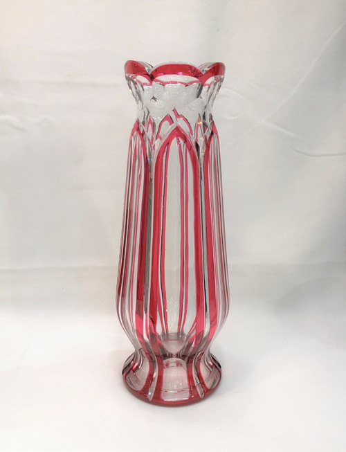 Old and large cut crystal vase of SAINT LOUIS with red lining 32 cm