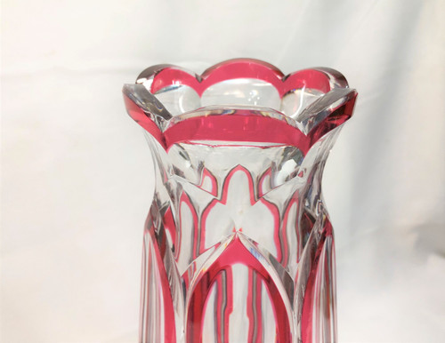 Old and large cut crystal vase of SAINT LOUIS with red lining 32 cm