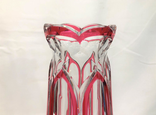 Old and large cut crystal vase of SAINT LOUIS with red lining 32 cm