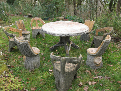 Garden furniture set in cement imitating natural wood from the 50's composed of 9 pieces