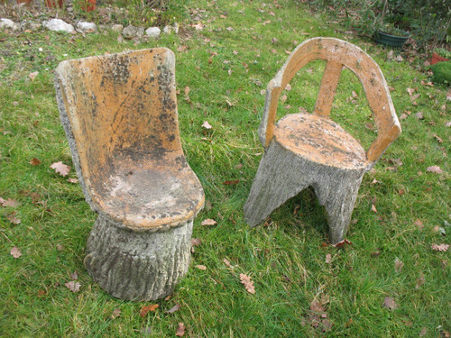 Garden furniture set in cement imitating natural wood from the 50's composed of 9 pieces