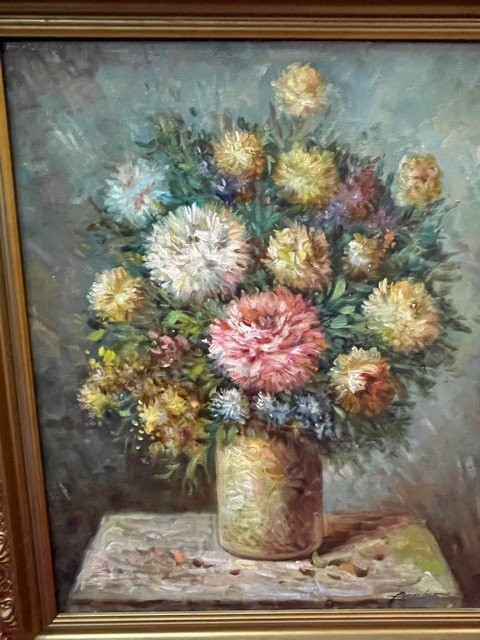 Tableau Huile Sur Toile Ecole Française XIX ème Bouquet De Fleurs