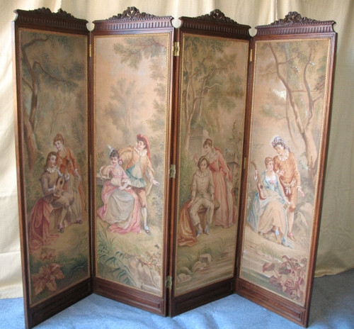 Carved walnut screen with 4 leaves painted with galant scenes in the Louis XVI style (19th century)